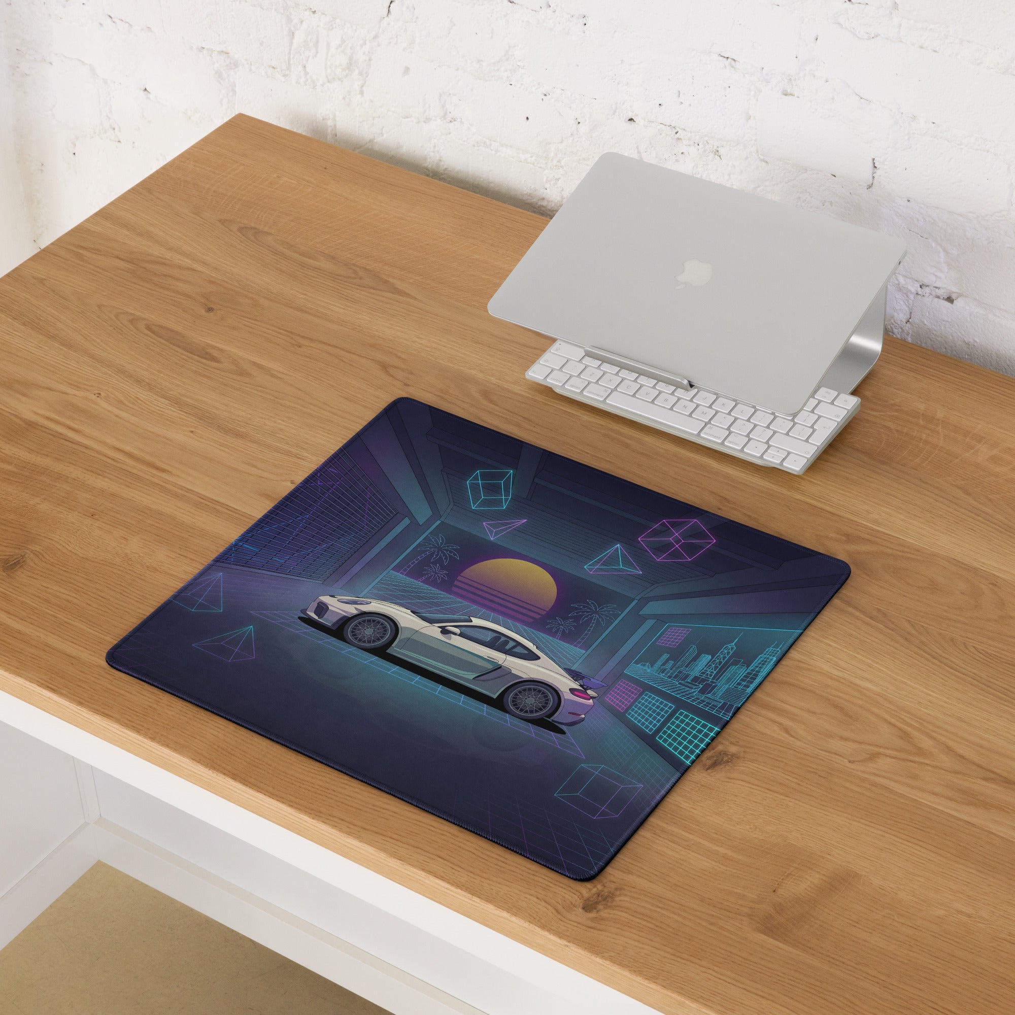 Porsche 718 Cayman GT4 Inspired White Blue Vaporwave Gaming Mouse Pad, Neon Sports Car Desk Mat with Retro Futuristic Sunset Garage Artwork
