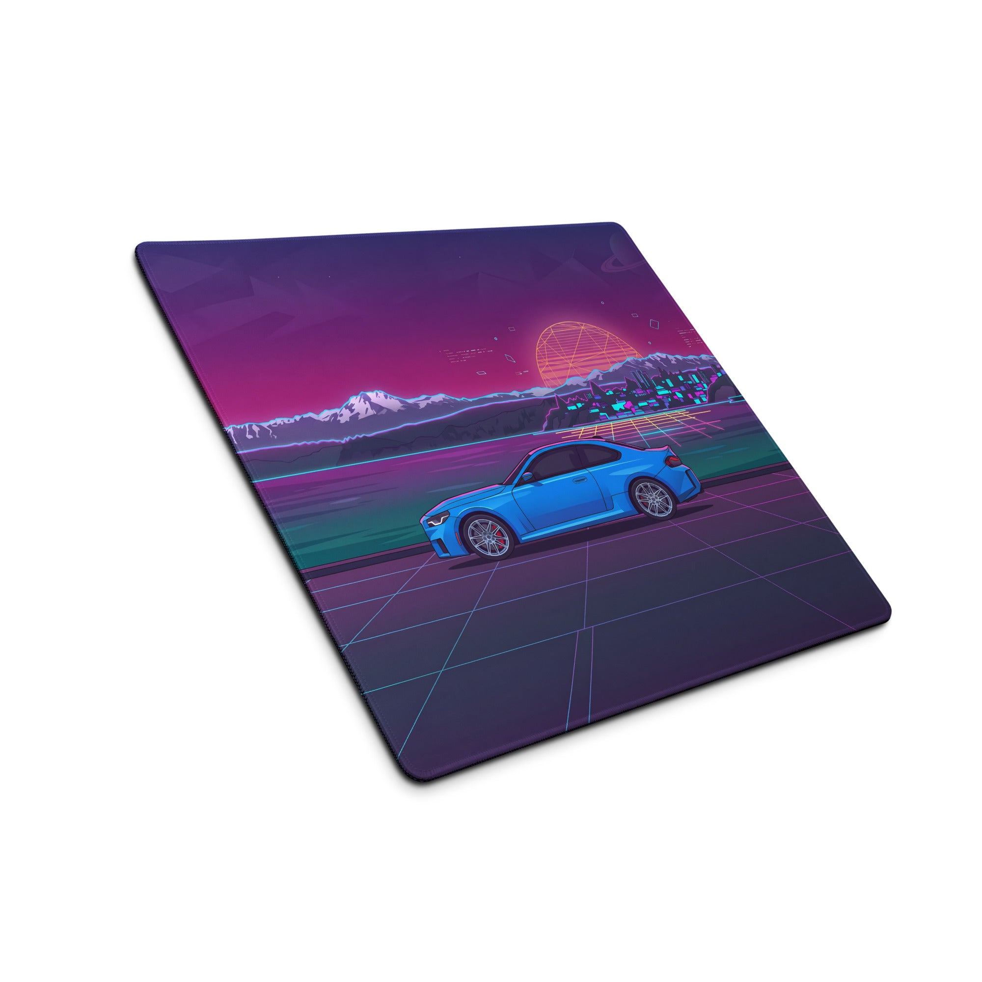 BMW M2 G87 Inspired Blue Purple Vaporwave Gaming Mouse Pad, Neon Sports Coupe Desk Mat with Retro Futuristic Mountain Sunset Artwork