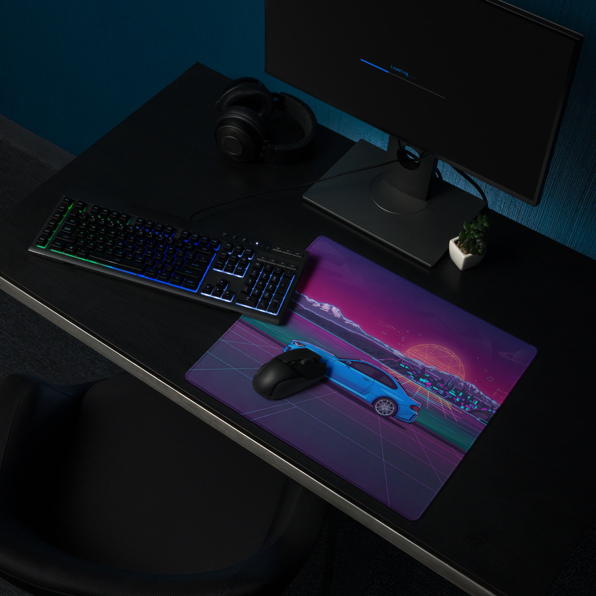 BMW M2 G87 Inspired Blue Purple Vaporwave Gaming Mouse Pad, Neon Sports Coupe Desk Mat with Retro Futuristic Mountain Sunset Artwork