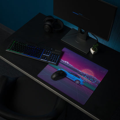 BMW M2 G87 Inspired Blue Purple Vaporwave Gaming Mouse Pad, Neon Sports Coupe Desk Mat with Retro Futuristic Mountain Sunset Artwork