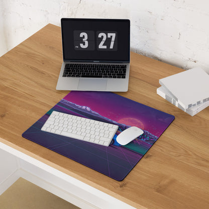 BMW M2 G87 Inspired Blue Purple Vaporwave Gaming Mouse Pad, Neon Sports Coupe Desk Mat with Retro Futuristic Mountain Sunset Artwork