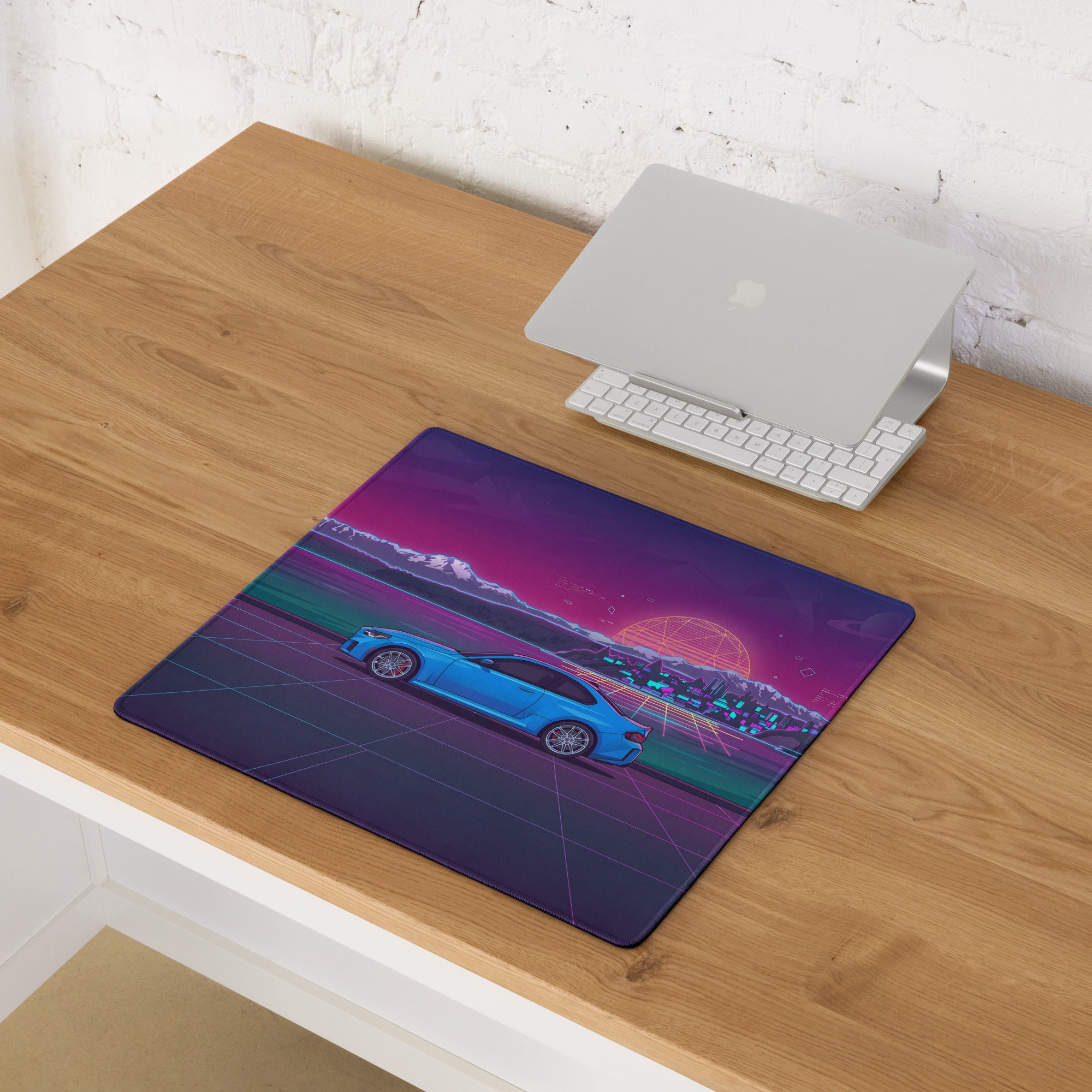BMW M2 G87 Inspired Blue Purple Vaporwave Gaming Mouse Pad, Neon Sports Coupe Desk Mat with Retro Futuristic Mountain Sunset Artwork