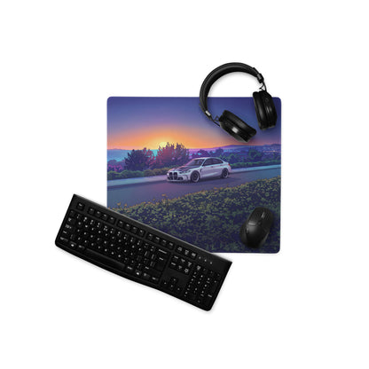 BMW M3 G80 Inspired White Orange Vaporwave Gaming Mouse Pad, Sunset Sports Sedan Desk Mat with Coastal Road Artwork and Retro Automotive Style