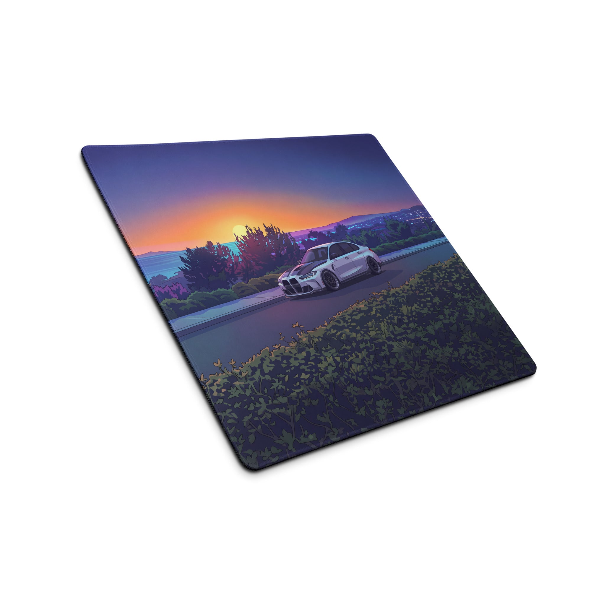 BMW M3 G80 Inspired White Orange Vaporwave Gaming Mouse Pad, Sunset Sports Sedan Desk Mat with Coastal Road Artwork and Retro Automotive Style