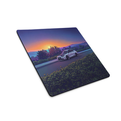 BMW M3 G80 Inspired White Orange Vaporwave Gaming Mouse Pad, Sunset Sports Sedan Desk Mat with Coastal Road Artwork and Retro Automotive Style