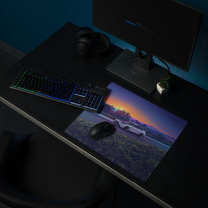 BMW M3 G80 Inspired White Orange Vaporwave Gaming Mouse Pad, Sunset Sports Sedan Desk Mat with Coastal Road Artwork and Retro Automotive Style