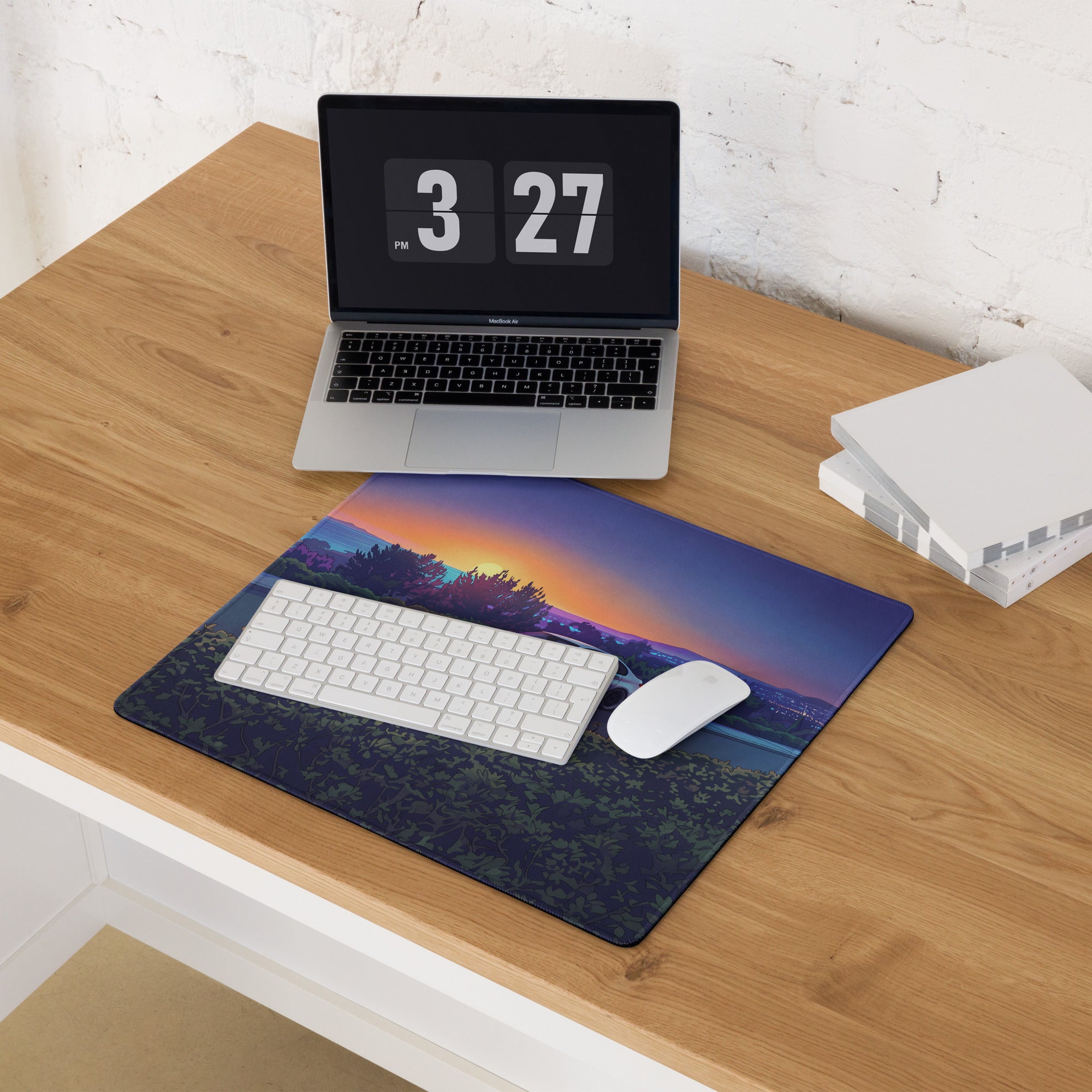 BMW M3 G80 Inspired White Orange Vaporwave Gaming Mouse Pad, Sunset Sports Sedan Desk Mat with Coastal Road Artwork and Retro Automotive Style