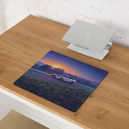 BMW M3 G80 Inspired White Orange Vaporwave Gaming Mouse Pad, Sunset Sports Sedan Desk Mat with Coastal Road Artwork and Retro Automotive Style
