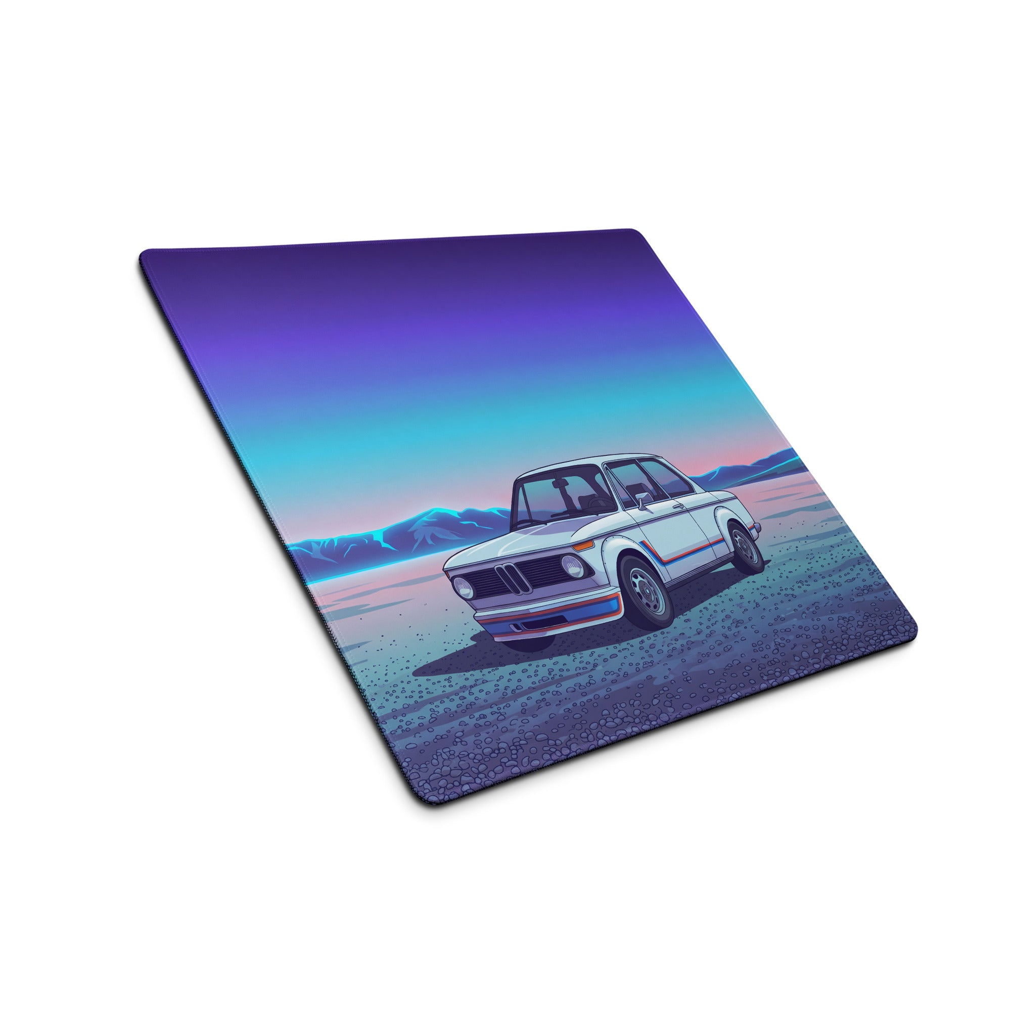 BMW 2002 Turbo Inspired White Blue Vaporwave Gaming Mouse Pad, Retro Classic Car Desk Mat with Neon Mountain Landscape Artwork
