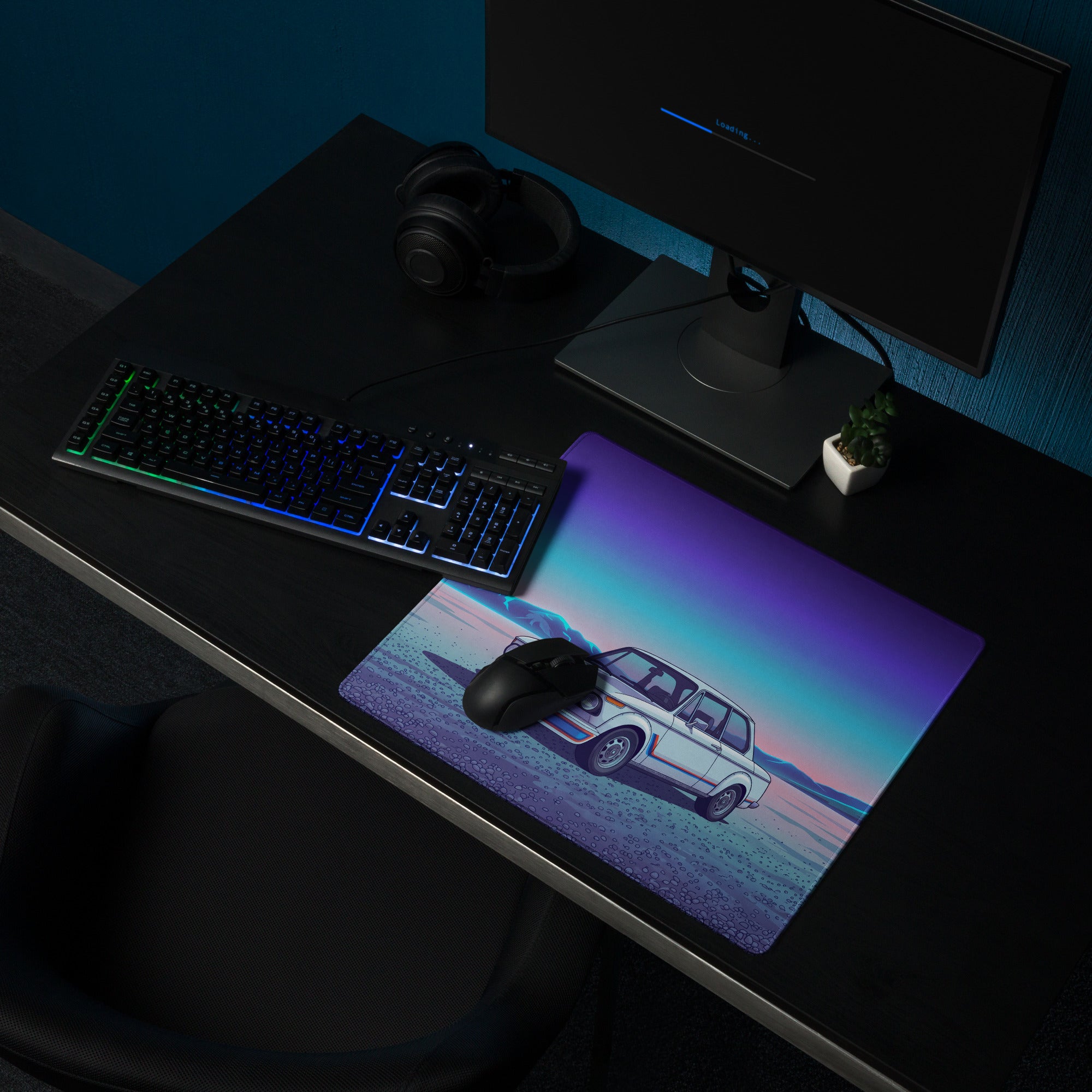 BMW 2002 Turbo Inspired White Blue Vaporwave Gaming Mouse Pad, Retro Classic Car Desk Mat with Neon Mountain Landscape Artwork