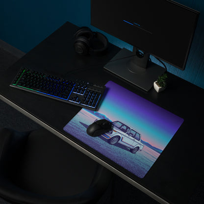 BMW 2002 Turbo Inspired White Blue Vaporwave Gaming Mouse Pad, Retro Classic Car Desk Mat with Neon Mountain Landscape Artwork