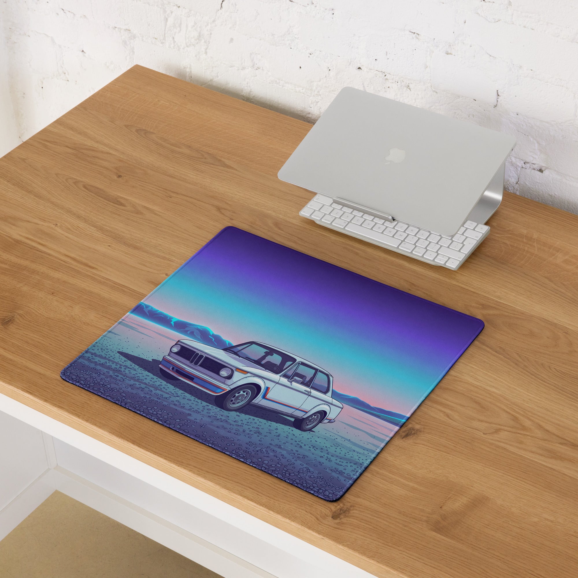 BMW 2002 Turbo Inspired White Blue Vaporwave Gaming Mouse Pad, Retro Classic Car Desk Mat with Neon Mountain Landscape Artwork