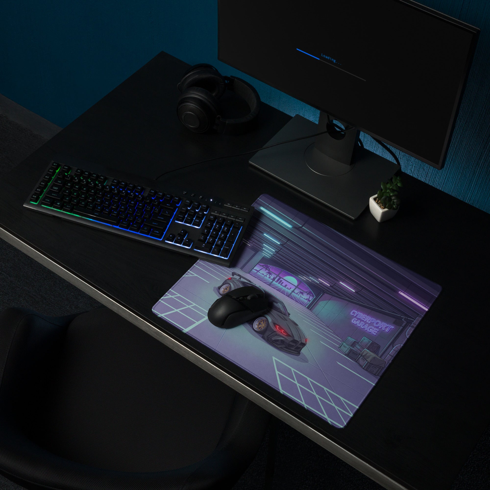 BMW M4 G82 Inspired Black Purple Vaporwave Gaming Mouse Pad, Neon Sports Coupe Desk Mat with Cyberpunk Garage Artwork and Retro Futuristic Style