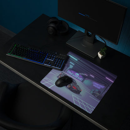 BMW M4 G82 Inspired Black Purple Vaporwave Gaming Mouse Pad, Neon Sports Coupe Desk Mat with Cyberpunk Garage Artwork and Retro Futuristic Style