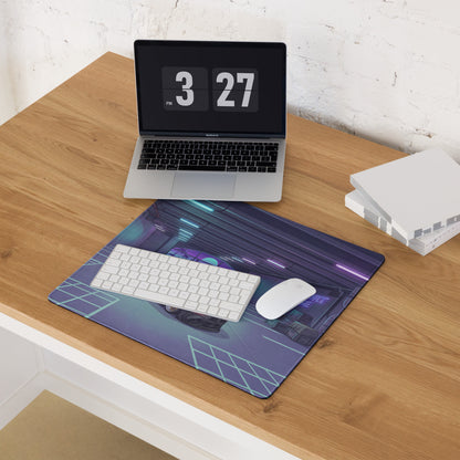 BMW M4 G82 Inspired Black Purple Vaporwave Gaming Mouse Pad, Neon Sports Coupe Desk Mat with Cyberpunk Garage Artwork and Retro Futuristic Style