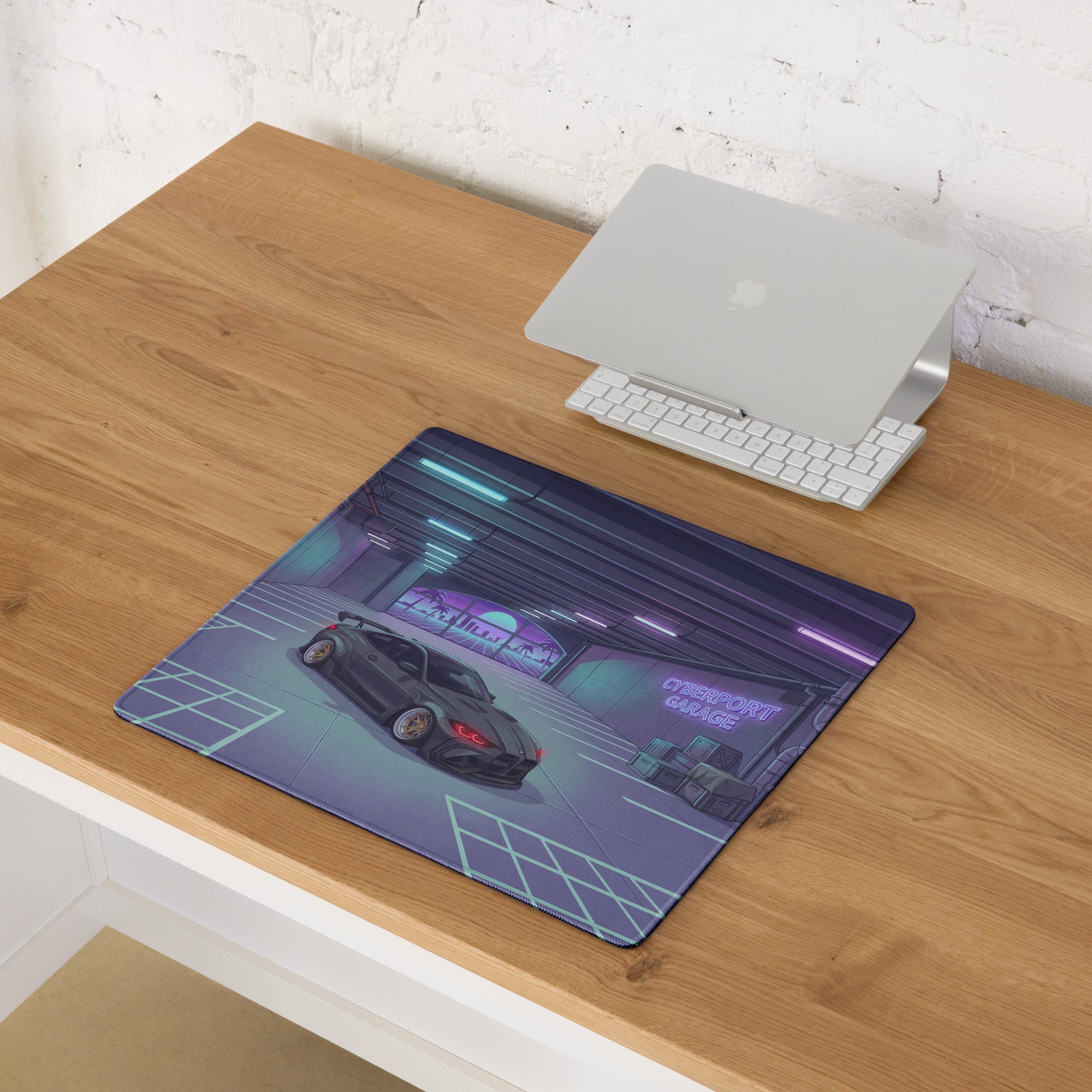 BMW M4 G82 Inspired Black Purple Vaporwave Gaming Mouse Pad, Neon Sports Coupe Desk Mat with Cyberpunk Garage Artwork and Retro Futuristic Style