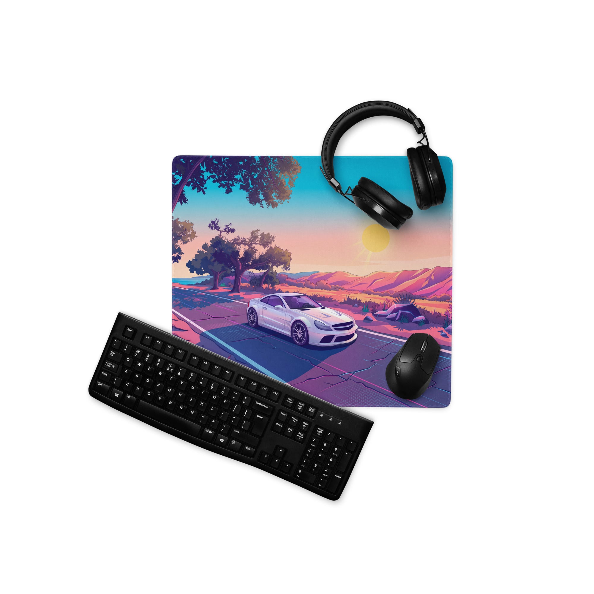 Mercedes-Benz SL 65 AMG Black Series Inspired White Pink Vaporwave Gaming Mouse Pad, Retro Supercar Desk Mat with Desert Sunset Road Artwork
