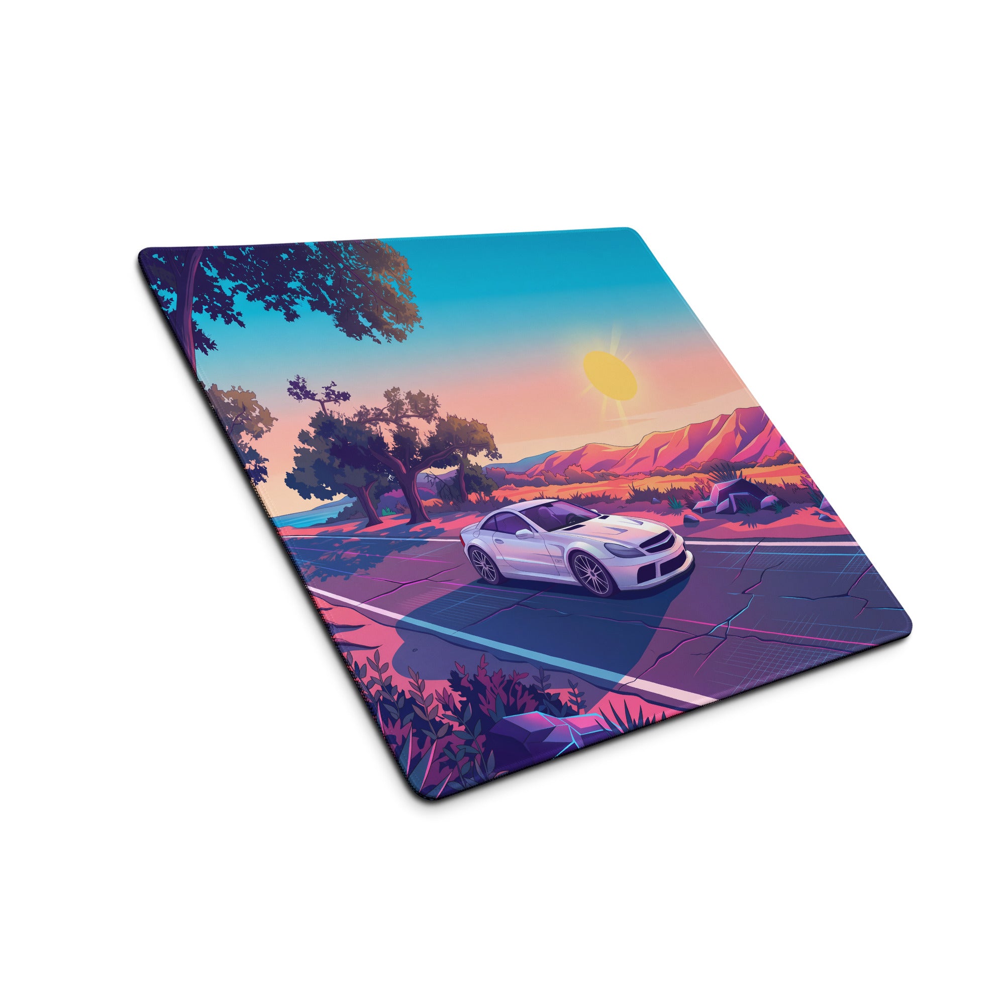 Mercedes-Benz SL 65 AMG Black Series Inspired White Pink Vaporwave Gaming Mouse Pad, Retro Supercar Desk Mat with Desert Sunset Road Artwork