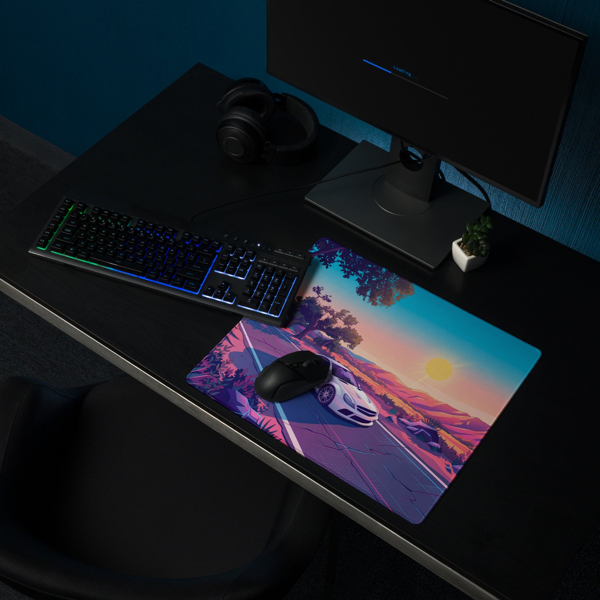 Mercedes-Benz SL 65 AMG Black Series Inspired White Pink Vaporwave Gaming Mouse Pad, Retro Supercar Desk Mat with Desert Sunset Road Artwork