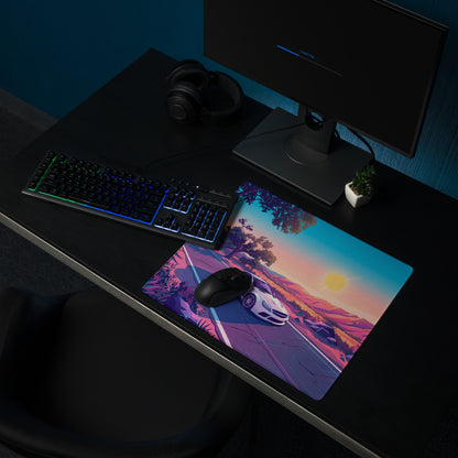 Mercedes-Benz SL 65 AMG Black Series Inspired White Pink Vaporwave Gaming Mouse Pad, Retro Supercar Desk Mat with Desert Sunset Road Artwork
