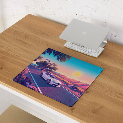 Mercedes-Benz SL 65 AMG Black Series Inspired White Pink Vaporwave Gaming Mouse Pad, Retro Supercar Desk Mat with Desert Sunset Road Artwork