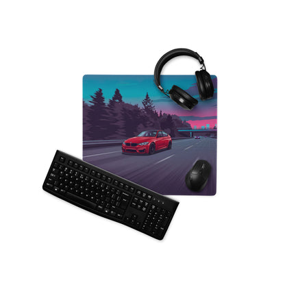 BMW M4 F82 Inspired Red Blue Vaporwave Gaming Mouse Pad, High-Speed Sports Coupe Desk Mat with Retro Futuristic Highway Artwork