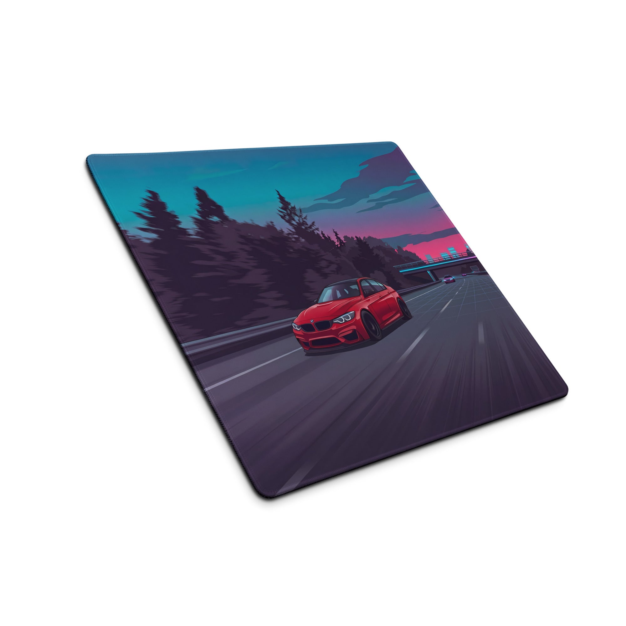 BMW M4 F82 Inspired Red Blue Vaporwave Gaming Mouse Pad, High-Speed Sports Coupe Desk Mat with Retro Futuristic Highway Artwork