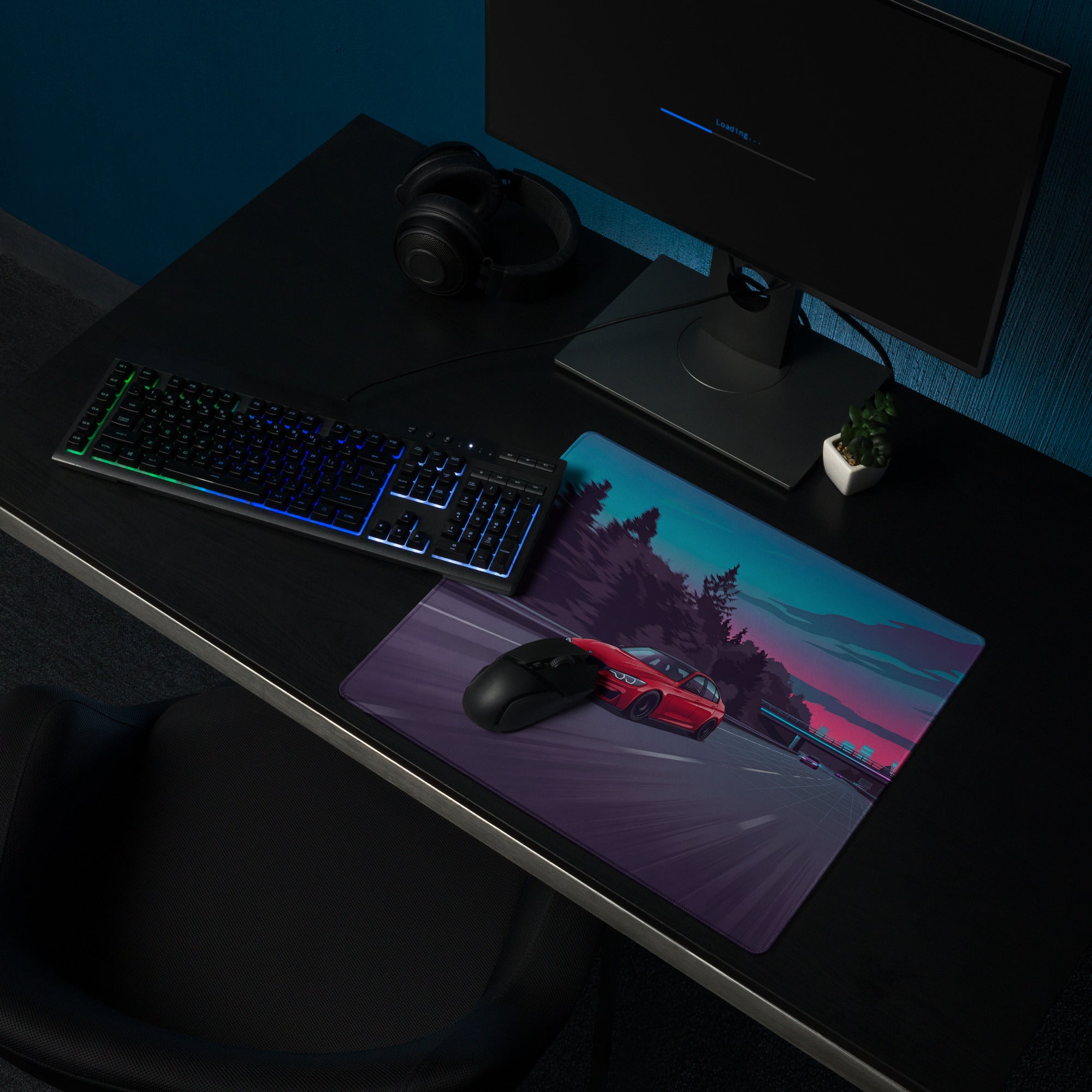 BMW M4 F82 Inspired Red Blue Vaporwave Gaming Mouse Pad, High-Speed Sports Coupe Desk Mat with Retro Futuristic Highway Artwork