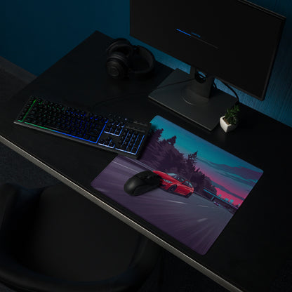 BMW M4 F82 Inspired Red Blue Vaporwave Gaming Mouse Pad, High-Speed Sports Coupe Desk Mat with Retro Futuristic Highway Artwork