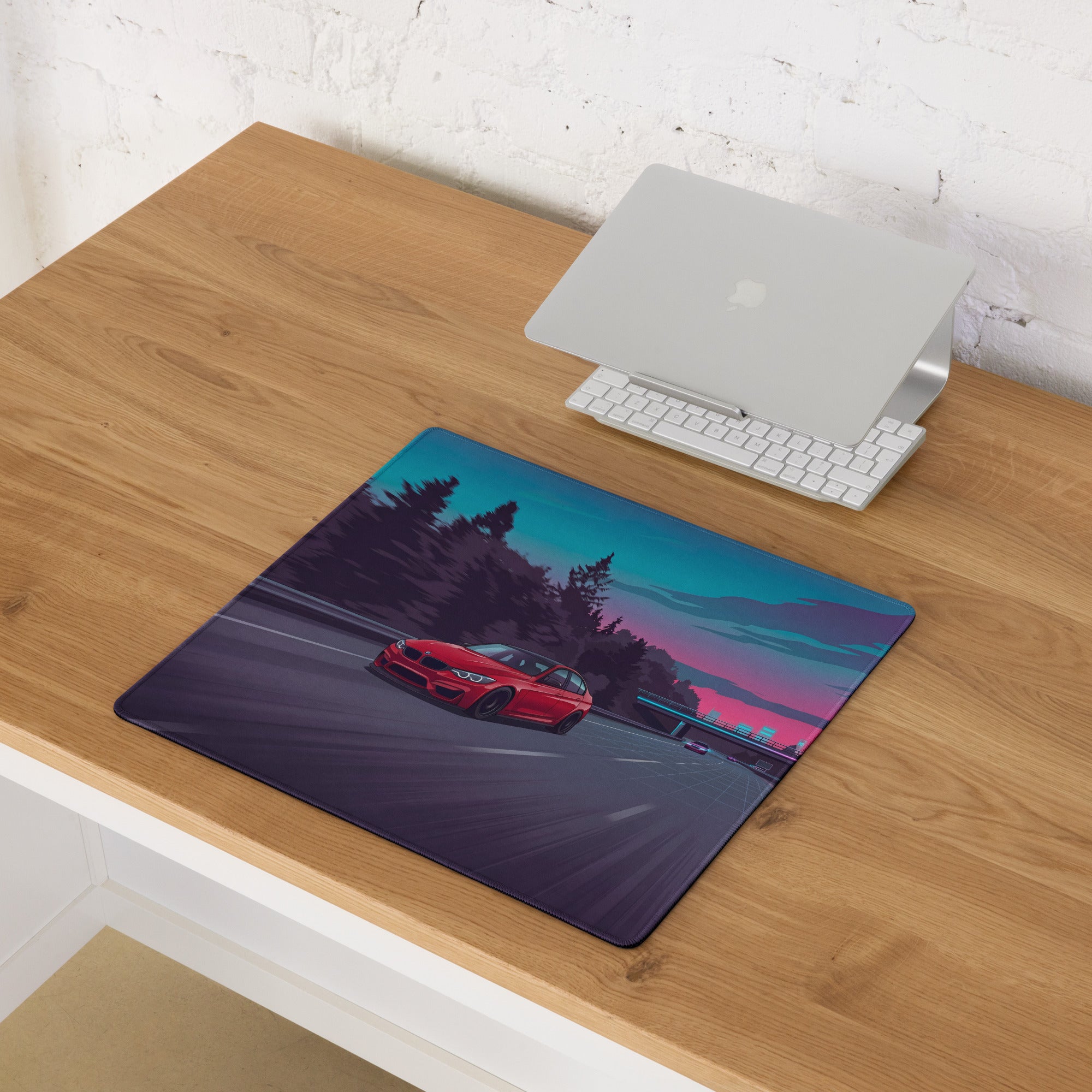 BMW M4 F82 Inspired Red Blue Vaporwave Gaming Mouse Pad, High-Speed Sports Coupe Desk Mat with Retro Futuristic Highway Artwork