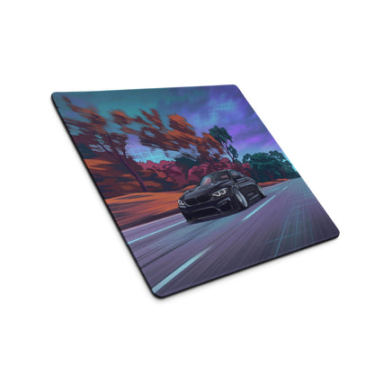 BMW M4 F82 Inspired Black Purple Vaporwave Gaming Mouse Pad, High-Speed Sports Coupe Desk Mat with Retro Futuristic Forest Highway Artwork