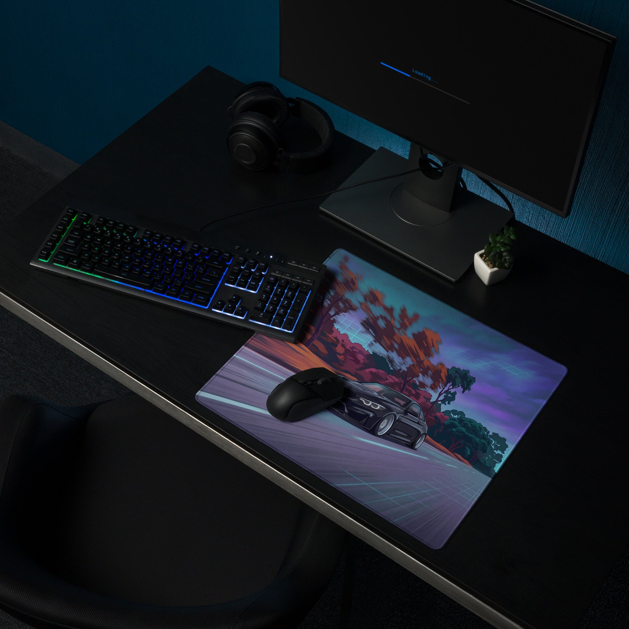 BMW M4 F82 Inspired Black Purple Vaporwave Gaming Mouse Pad, High-Speed Sports Coupe Desk Mat with Retro Futuristic Forest Highway Artwork