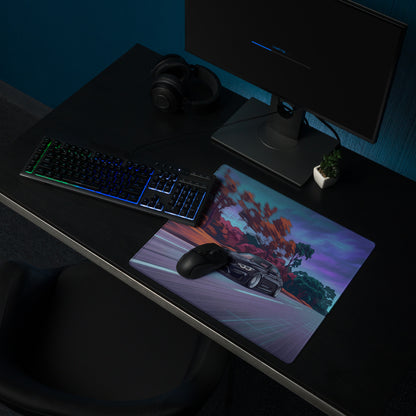 BMW M4 F82 Inspired Black Purple Vaporwave Gaming Mouse Pad, High-Speed Sports Coupe Desk Mat with Retro Futuristic Forest Highway Artwork