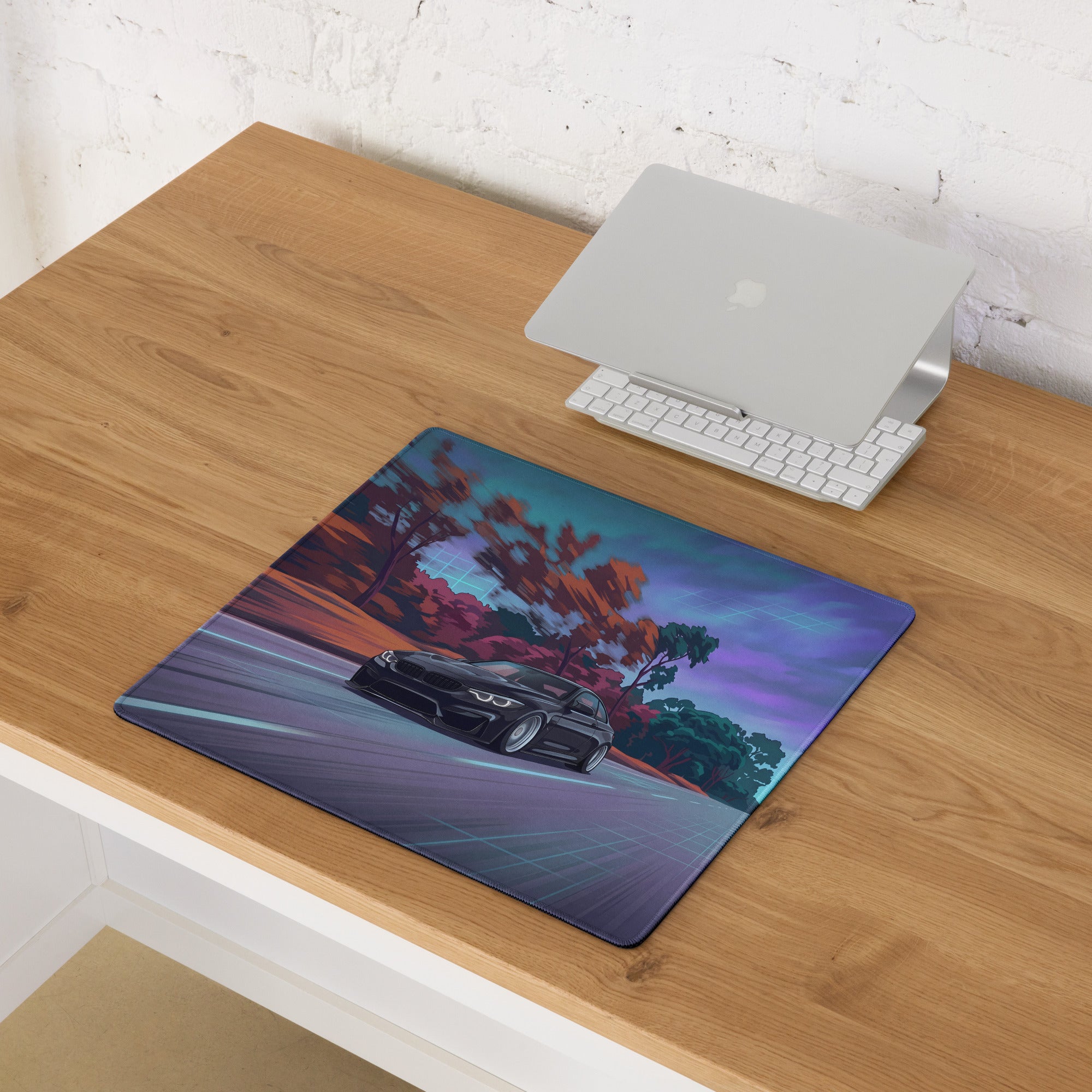BMW M4 F82 Inspired Black Purple Vaporwave Gaming Mouse Pad, High-Speed Sports Coupe Desk Mat with Retro Futuristic Forest Highway Artwork