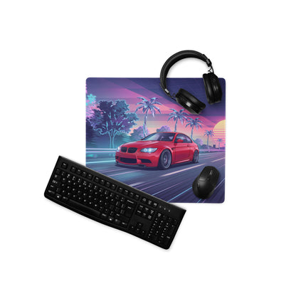 BMW M3 E92 Inspired Red Purple Vaporwave Gaming Mouse Pad, Neon Sports Coupe Desk Mat with Retro Futuristic Palm Tree Sunset Highway Artwork