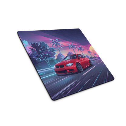 BMW M3 E92 Inspired Red Purple Vaporwave Gaming Mouse Pad, Neon Sports Coupe Desk Mat with Retro Futuristic Palm Tree Sunset Highway Artwork