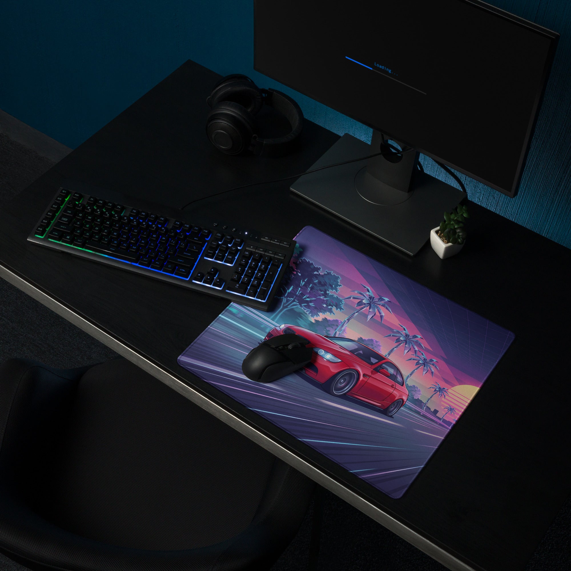 BMW M3 E92 Inspired Red Purple Vaporwave Gaming Mouse Pad, Neon Sports Coupe Desk Mat with Retro Futuristic Palm Tree Sunset Highway Artwork