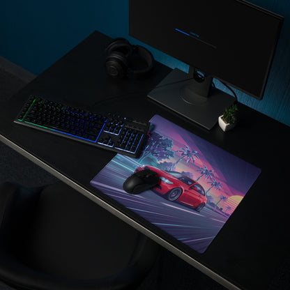 BMW M3 E92 Inspired Red Purple Vaporwave Gaming Mouse Pad, Neon Sports Coupe Desk Mat with Retro Futuristic Palm Tree Sunset Highway Artwork
