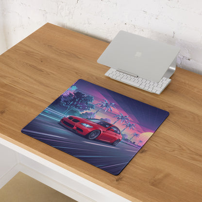 BMW M3 E92 Inspired Red Purple Vaporwave Gaming Mouse Pad, Neon Sports Coupe Desk Mat with Retro Futuristic Palm Tree Sunset Highway Artwork