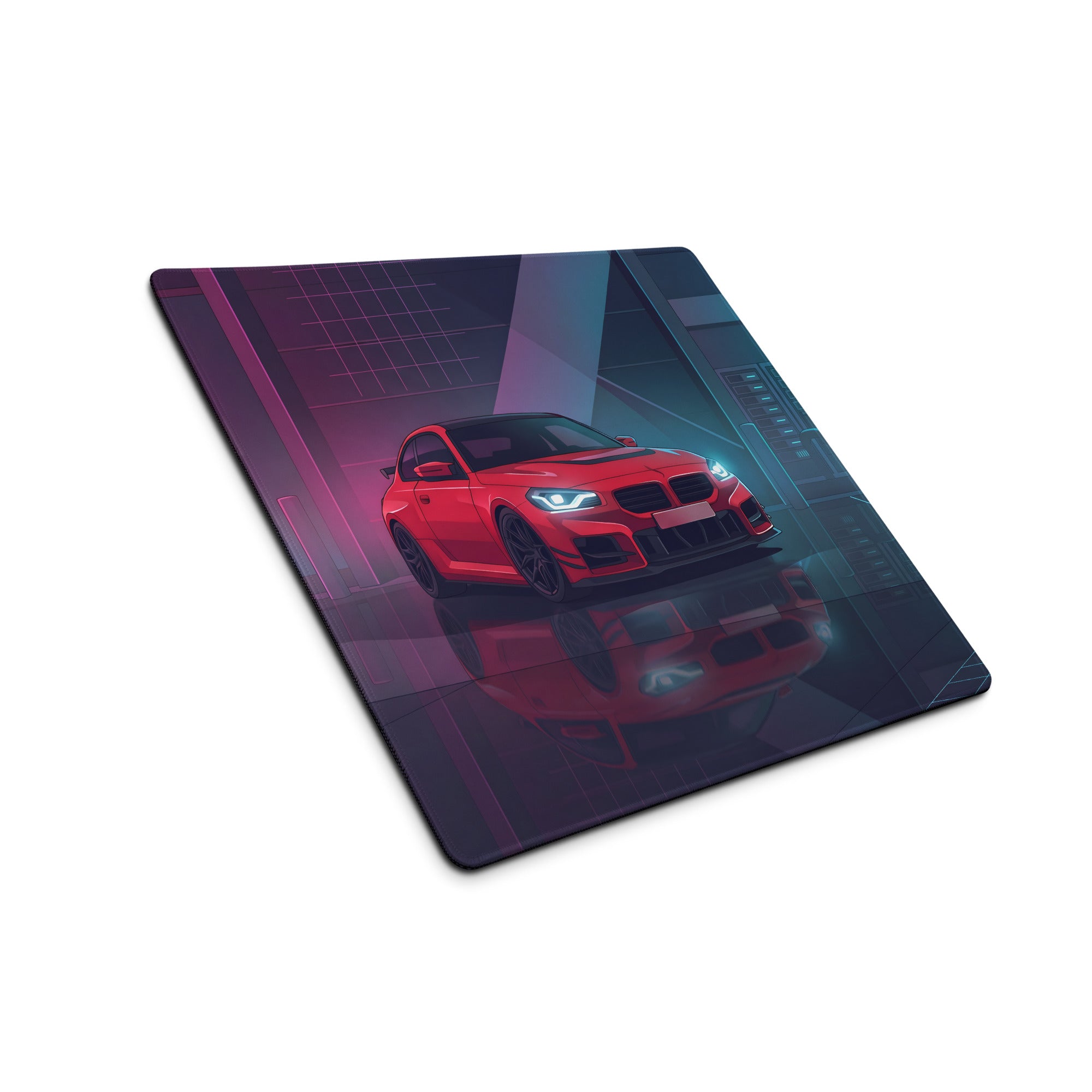 BMW M2 F87 Inspired Red Blue Vaporwave Gaming Mouse Pad, Neon Sports Coupe Desk Mat with Futuristic Cyberpunk Garage Artwork