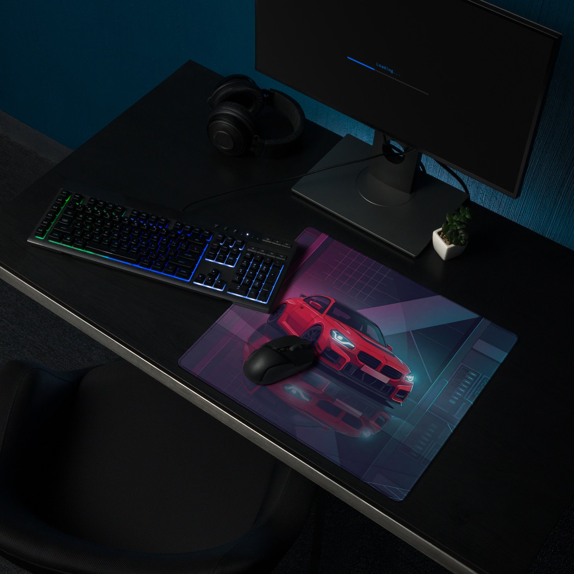BMW M2 F87 Inspired Red Blue Vaporwave Gaming Mouse Pad, Neon Sports Coupe Desk Mat with Futuristic Cyberpunk Garage Artwork
