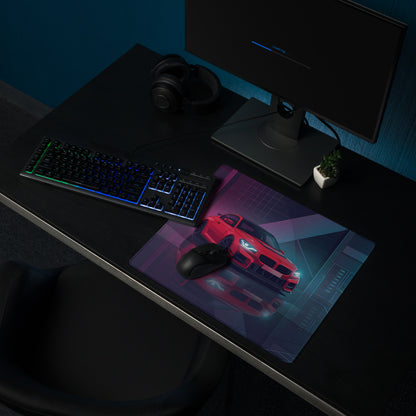 BMW M2 F87 Inspired Red Blue Vaporwave Gaming Mouse Pad, Neon Sports Coupe Desk Mat with Futuristic Cyberpunk Garage Artwork
