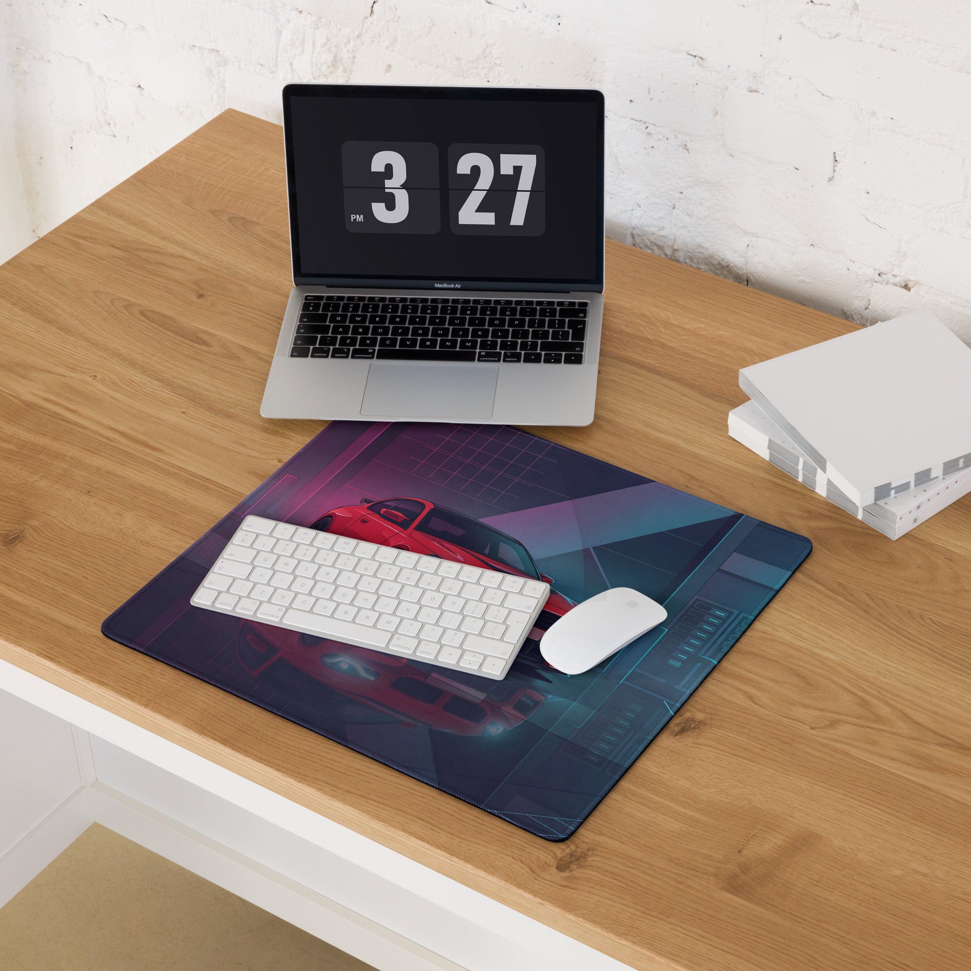 BMW M2 F87 Inspired Red Blue Vaporwave Gaming Mouse Pad, Neon Sports Coupe Desk Mat with Futuristic Cyberpunk Garage Artwork
