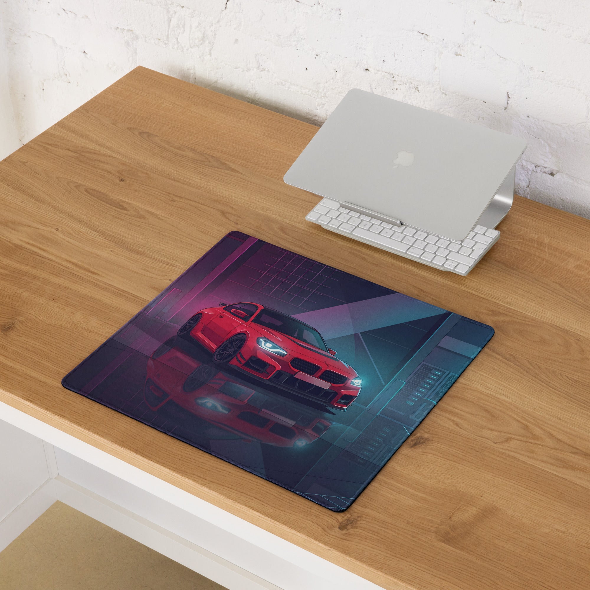 BMW M2 F87 Inspired Red Blue Vaporwave Gaming Mouse Pad, Neon Sports Coupe Desk Mat with Futuristic Cyberpunk Garage Artwork