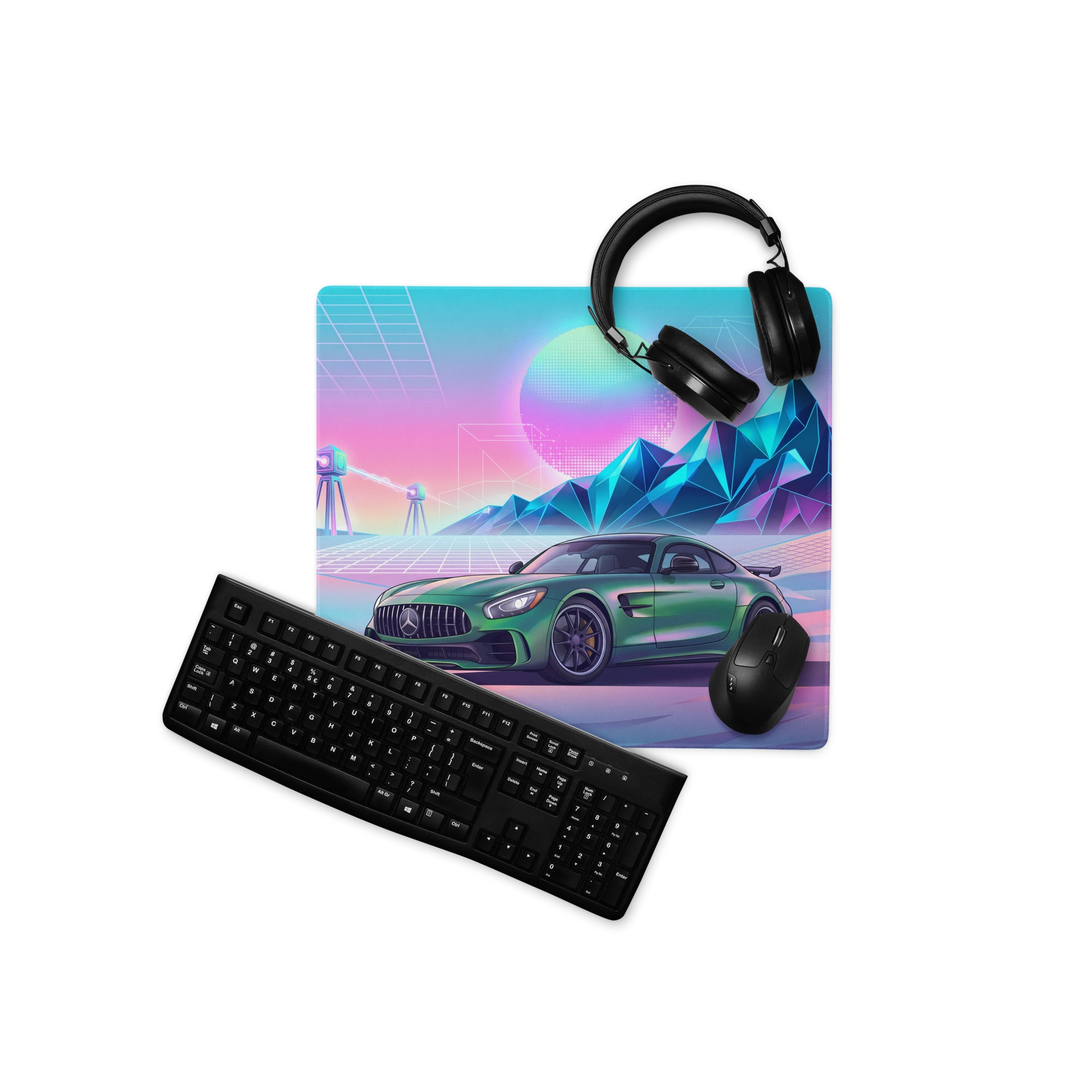 Mercedes-AMG GT R Inspired Green Pink Vaporwave Gaming Mouse Pad, Neon Supercar Desk Mat with Retro Futuristic Mountain Grid Artwork