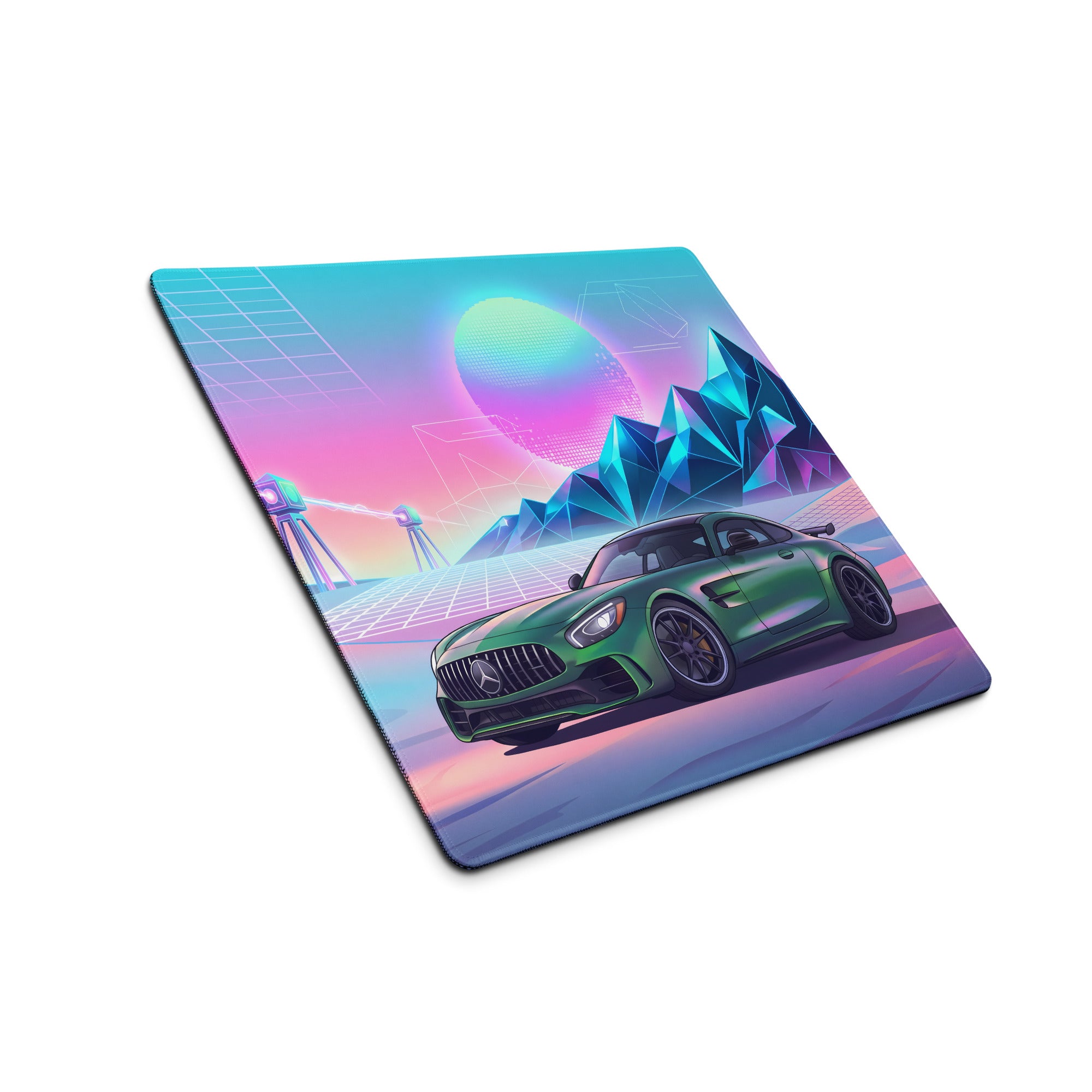 Mercedes-AMG GT R Inspired Green Pink Vaporwave Gaming Mouse Pad, Neon Supercar Desk Mat with Retro Futuristic Mountain Grid Artwork