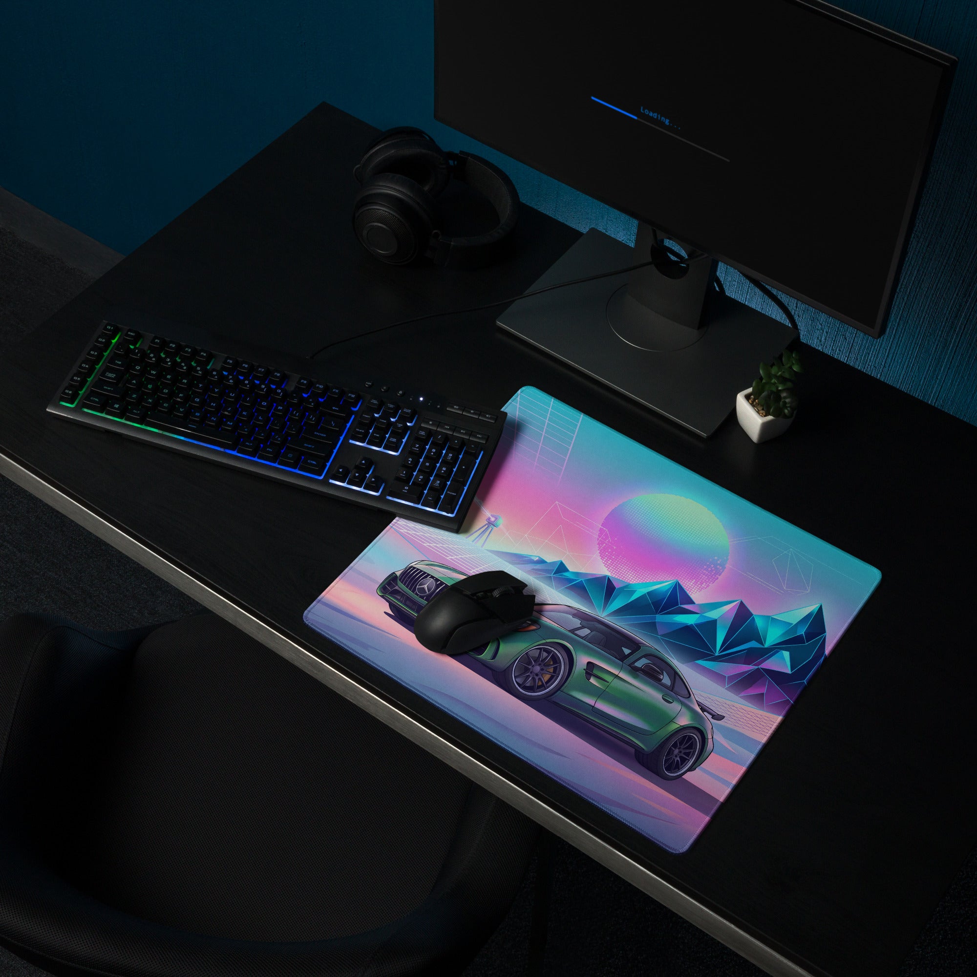 Mercedes-AMG GT R Inspired Green Pink Vaporwave Gaming Mouse Pad, Neon Supercar Desk Mat with Retro Futuristic Mountain Grid Artwork