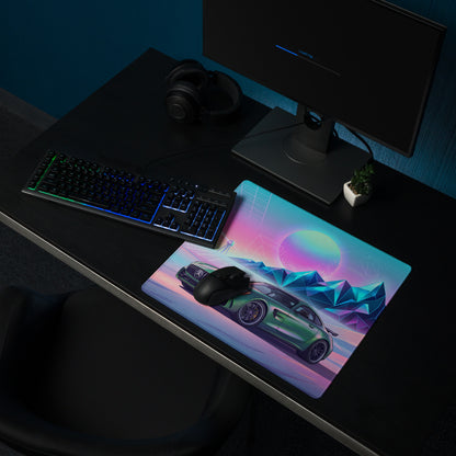 Mercedes-AMG GT R Inspired Green Pink Vaporwave Gaming Mouse Pad, Neon Supercar Desk Mat with Retro Futuristic Mountain Grid Artwork