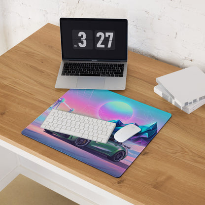 Mercedes-AMG GT R Inspired Green Pink Vaporwave Gaming Mouse Pad, Neon Supercar Desk Mat with Retro Futuristic Mountain Grid Artwork
