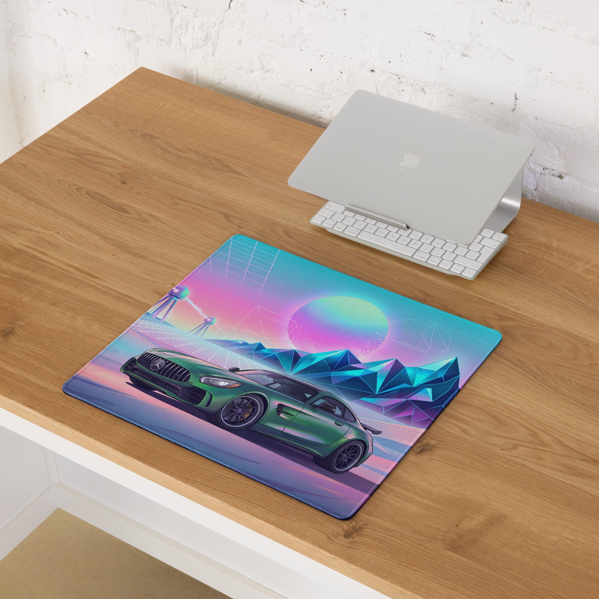 Mercedes-AMG GT R Inspired Green Pink Vaporwave Gaming Mouse Pad, Neon Supercar Desk Mat with Retro Futuristic Mountain Grid Artwork